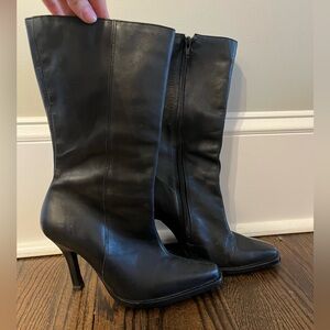 black leather pointed toe high heel boots
